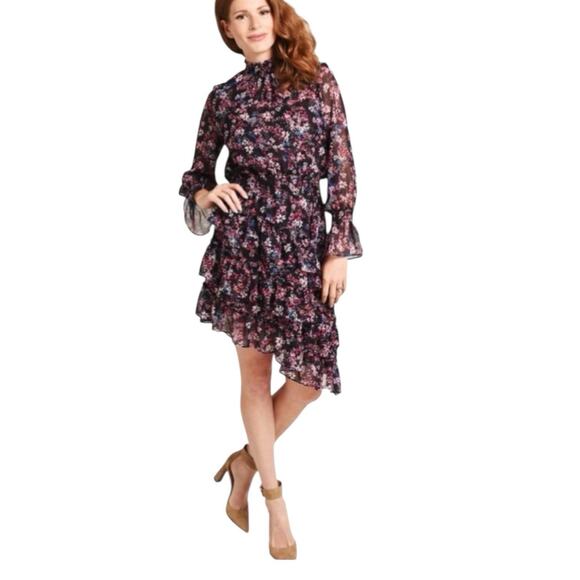 Misa Los Angeles Long Sleeve Floral Print Dress Asymmetrical Hem Large Savanna - Picture 11 of 12